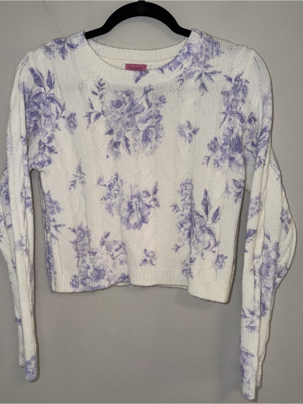 miami White Crewneck Sweater with Lavender Floral Print